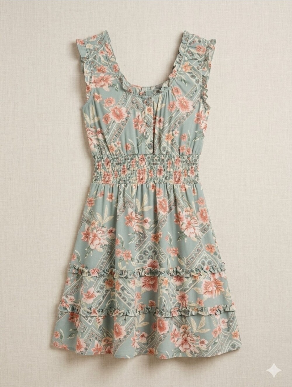 🍀No Boundaries Juniors M (7-9) Green Pink Floral Sleeveless Ruffle Dress C1